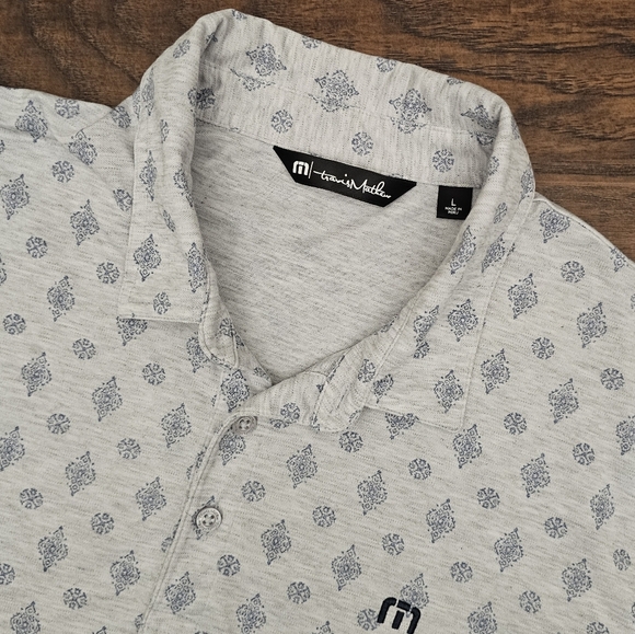 Travis Mathew‎ Atole Mens Large Short Sleeve Golf Polo Shirt Gray Blue Geo-Print - Picture 1 of 7